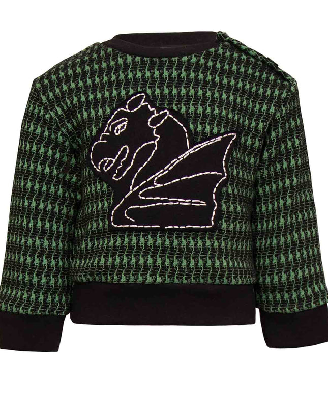 Black and green pied de poule Baby Sweatshirt with Dragon Appliqué-0