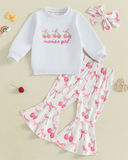 Toddler Girls Adorable Clothing Set with Cherry Embroidery Sweatshirt Bow Print Flared Pants and Matching Headband - 3 Piece