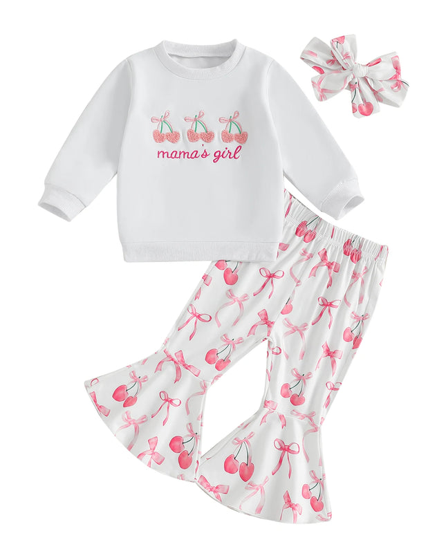 Toddler Girls Adorable Clothing Set with Cherry Embroidery Sweatshirt Bow Print Flared Pants and Matching Headband - 3 Piece