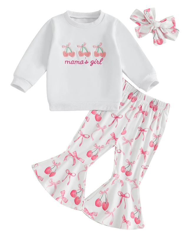 Toddler Girls Adorable Clothing Set with Cherry Embroidery Sweatshirt Bow Print Flared Pants and Matching Headband - 3 Piece