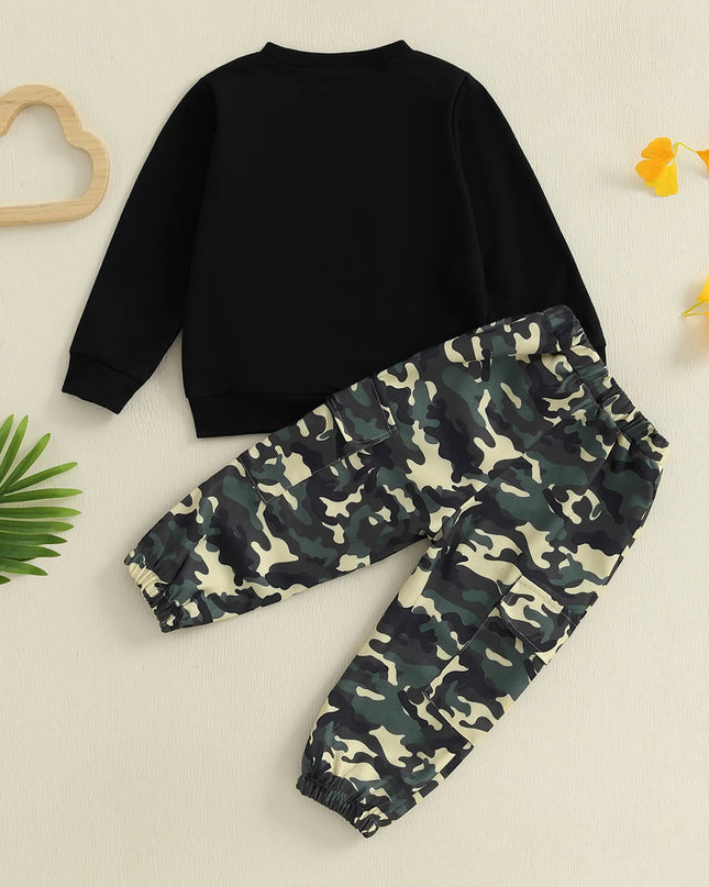 Toddler Boy Autumn Birthday Set with Letter Print Sweatshirt and Camo Pants Long Sleeve Outfit for Fall Celebration