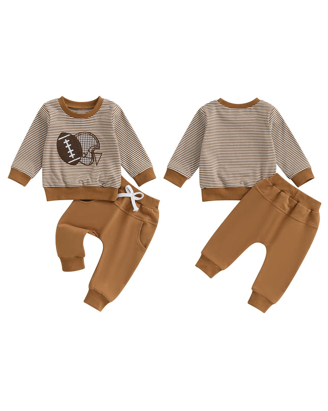 Baby Jungen Herbst-Set – Gestreiftes Sweatshirt mit Rugby-Stickerei & Hose, 2-teilig