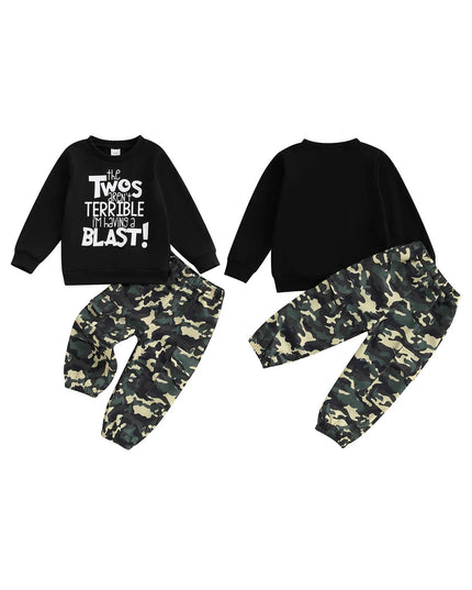 Toddler Boy Autumn Birthday Set with Letter Print Sweatshirt and Camo Pants Long Sleeve Outfit for Fall Celebration