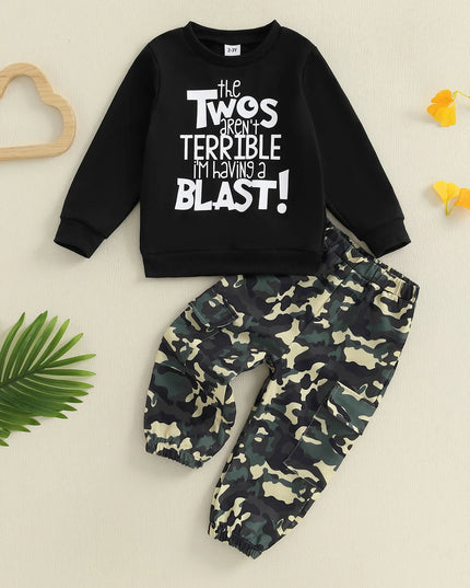 Toddler Boy Autumn Birthday Set with Letter Print Sweatshirt and Camo Pants Long Sleeve Outfit for Fall Celebration