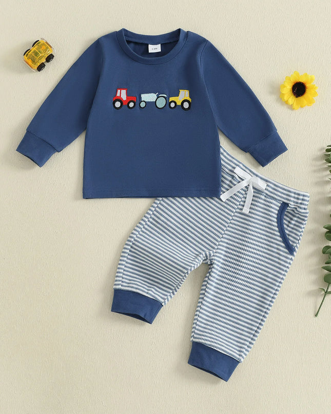 Boys Autumn Clothing Set with Car Embroidered Sweatshirt and Striped Pants - 2 Piece Outfit for Toddlers