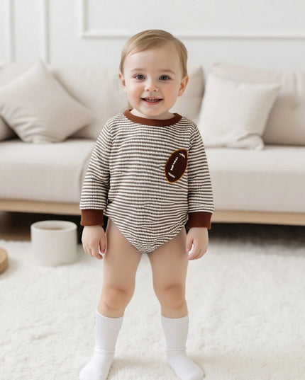 Infant Boys Fall Sweatshirt  with Long Sleeves Crewneck Rugby Embroidery and Striped Design for Autumn