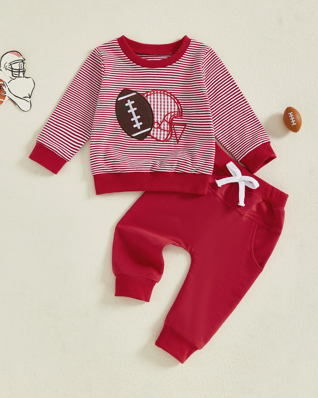 Baby Jungen Herbst-Set – Gestreiftes Sweatshirt mit Rugby-Stickerei & Hose, 2-teilig