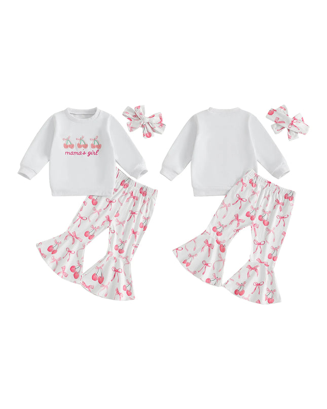 Toddler Girls Adorable Clothing Set with Cherry Embroidery Sweatshirt Bow Print Flared Pants and Matching Headband - 3 Piece