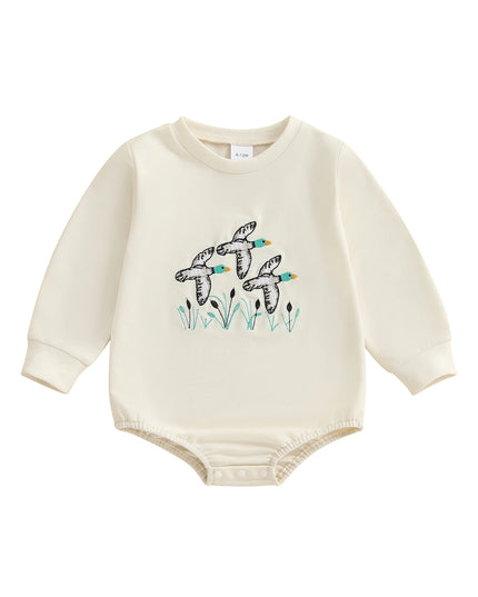 Infant Boys Fall Overalls with Long Sleeves and Crew Neck Featuring Adorable Duck Embroidery on Sweatshirt Style Romper