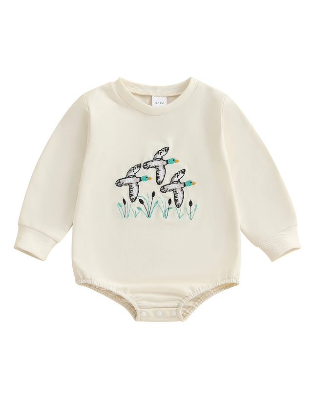 Infant Boys Fall Overalls with Long Sleeves and Crew Neck Featuring Adorable Duck Embroidery on Sweatshirt Style Romper