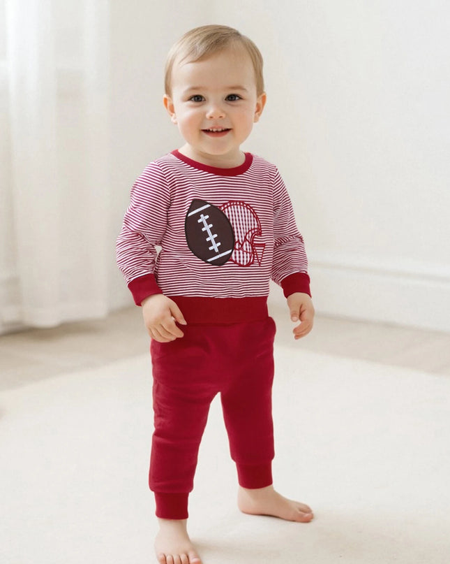 Baby Jungen Herbst-Set – Gestreiftes Sweatshirt mit Rugby-Stickerei & Hose, 2-teilig