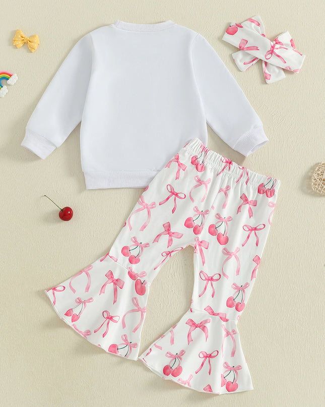 Toddler Girls Adorable Clothing Set with Cherry Embroidery Sweatshirt Bow Print Flared Pants and Matching Headband - 3 Piece