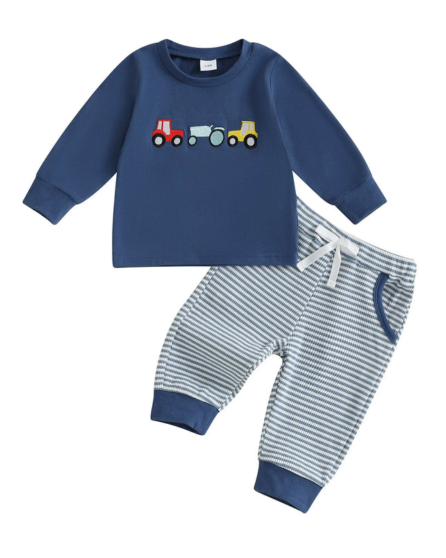 Boys Autumn Clothing Set with Car Embroidered Sweatshirt and Striped Pants - 2 Piece Outfit for Toddlers