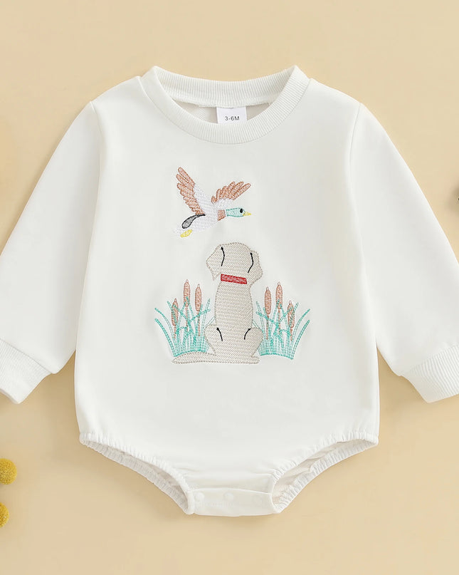 Infant Boys Fall Overalls with Long Sleeves and Crew Neck Featuring Adorable Duck Embroidery on Sweatshirt Style Romper