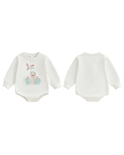 Infant Boys Fall Overalls with Long Sleeves and Crew Neck Featuring Adorable Duck Embroidery on Sweatshirt Style Romper