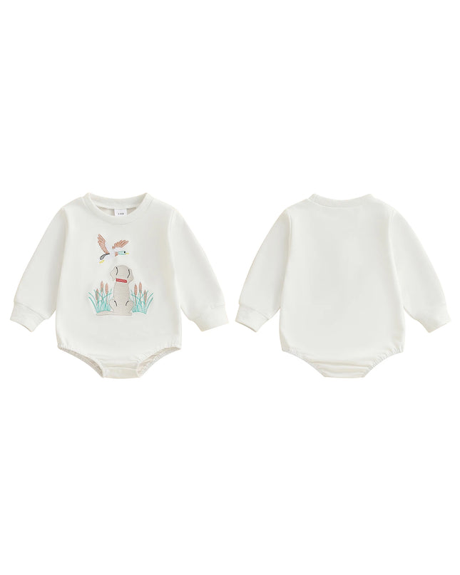 Infant Boys Fall Overalls with Long Sleeves and Crew Neck Featuring Adorable Duck Embroidery on Sweatshirt Style Romper
