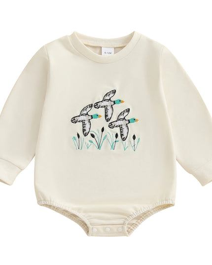 Infant Boys Fall Overalls with Long Sleeves and Crew Neck Featuring Adorable Duck Embroidery on Sweatshirt Style Romper