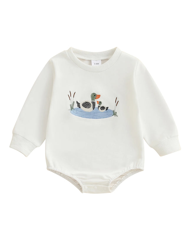 Infant Boys Fall Overalls with Long Sleeves and Crew Neck Featuring Adorable Duck Embroidery on Sweatshirt Style Romper