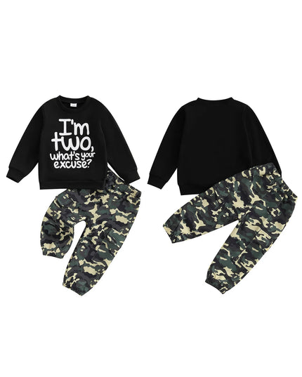 Toddler Boy Autumn Birthday Set with Letter Print Sweatshirt and Camo Pants Long Sleeve Outfit for Fall Celebration