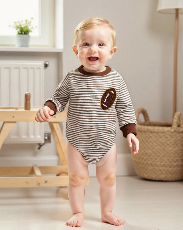Infant Boys Fall Sweatshirt  with Long Sleeves Crewneck Rugby Embroidery and Striped Design for Autumn