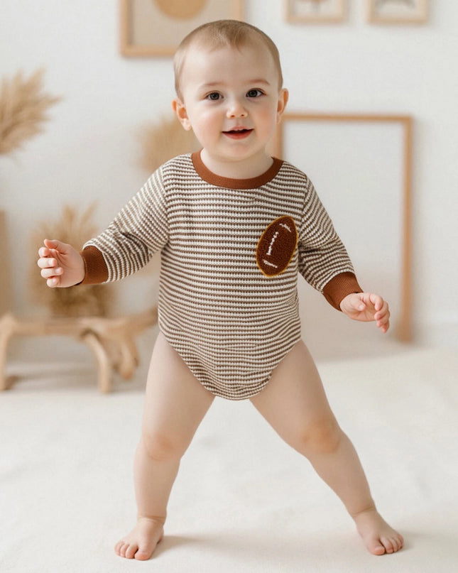 Infant Boys Fall Sweatshirt  with Long Sleeves Crewneck Rugby Embroidery and Striped Design for Autumn