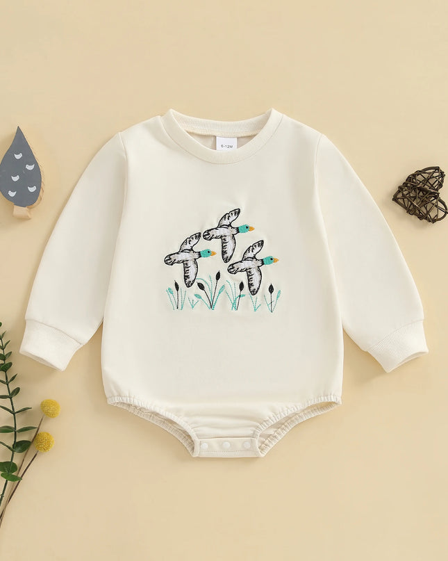Infant Boys Fall Overalls with Long Sleeves and Crew Neck Featuring Adorable Duck Embroidery on Sweatshirt Style Romper