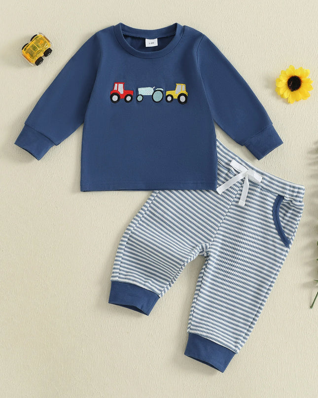 Boys Autumn Clothing Set with Car Embroidered Sweatshirt and Striped Pants - 2 Piece Outfit for Toddlers